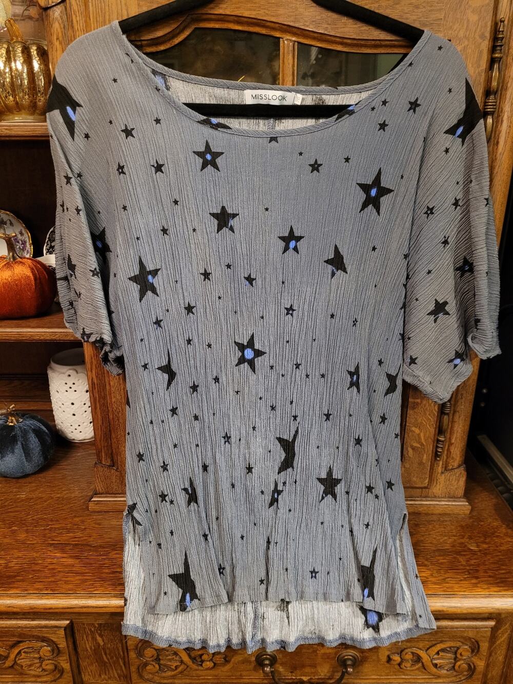 Misslook Gray Black Star Print Cotton Blend Tunic Top 3/4 Sleeve 2XL